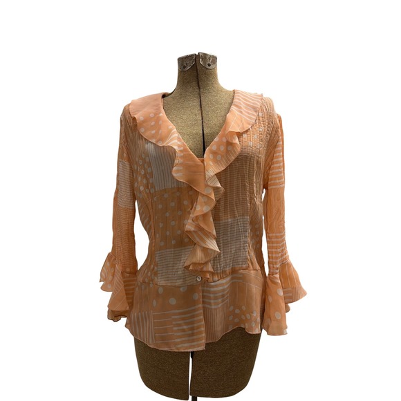 Jaipur Tops - Blouse Ruffle Y2K Aesthetic Sheer Orange Women Patchwork Polka Dot Stripe V-Neck
